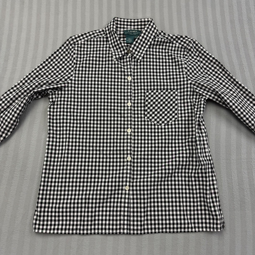 Lauren Ralph Lauren Women PL Blouse Black White Gingham Button Down Slit Sleeve